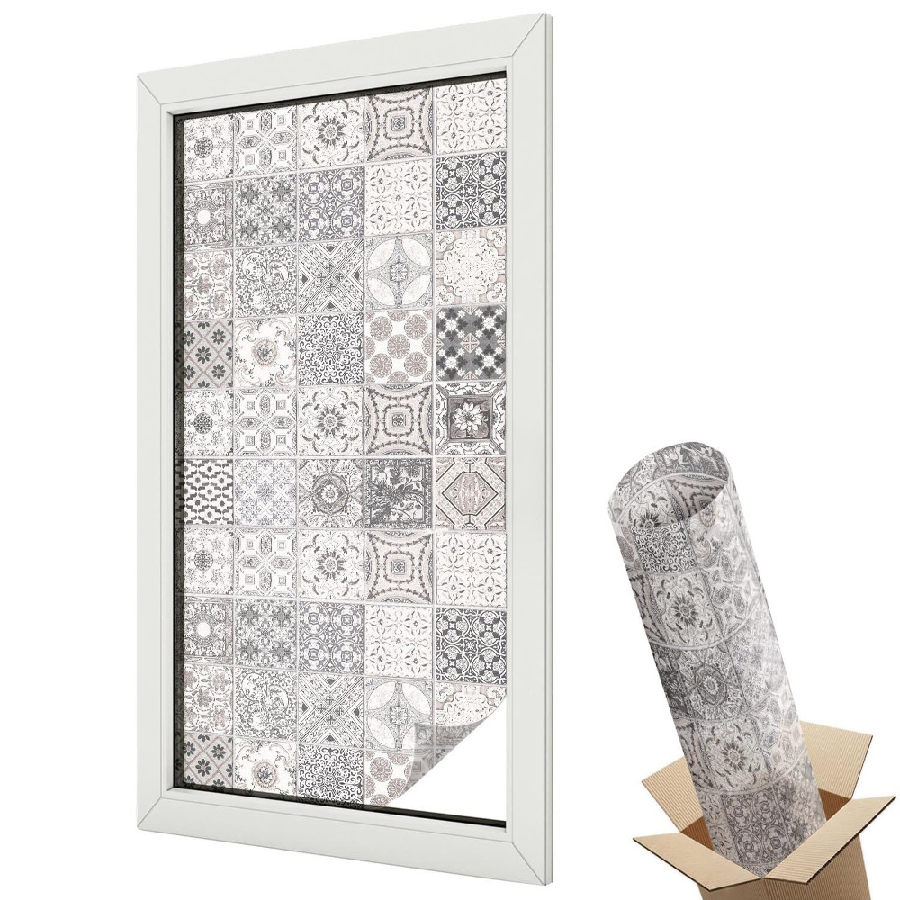 Mleczna folia na okno witraż Stylowy wzór kaflowy w odcieniach szarości