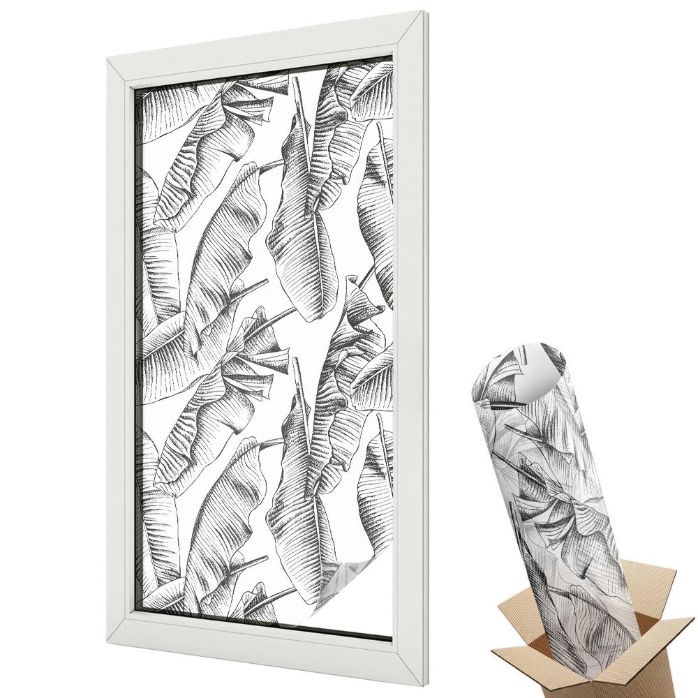 Mleczna folia na okno witraż Czarno-białe tropikalne liście