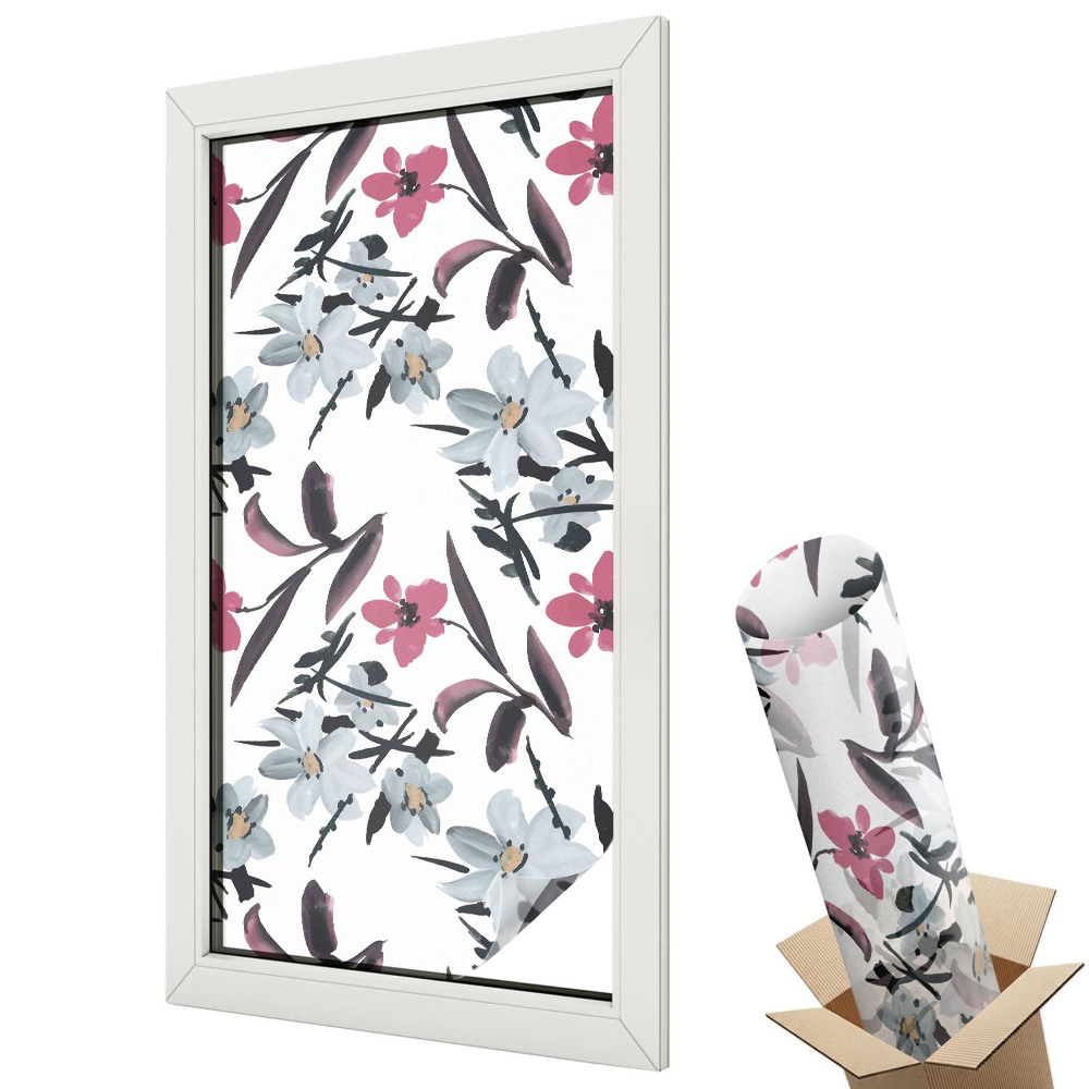 Mleczna folia na okno witraż Delikatne kwiaty na błękitnym tle