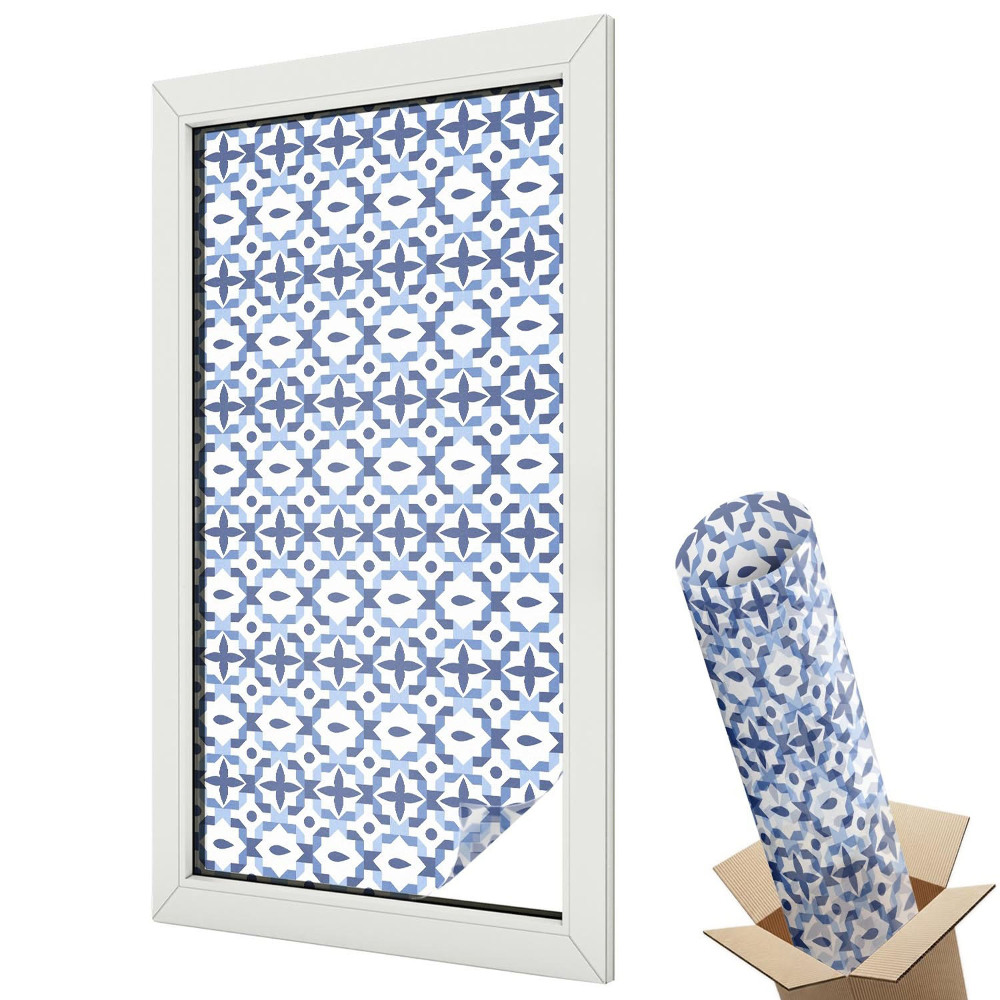 Mleczna folia na okno witraż Klasyczna elegancja w niebieskich wzorach