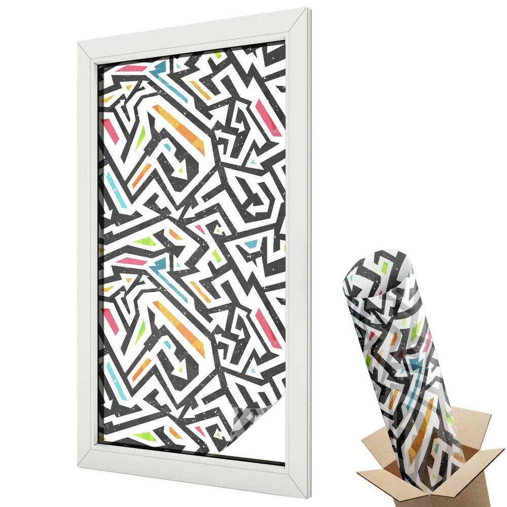 Mleczna folia na okno witraż Dynamiczny geometryczny wzór kolorowe akcenty