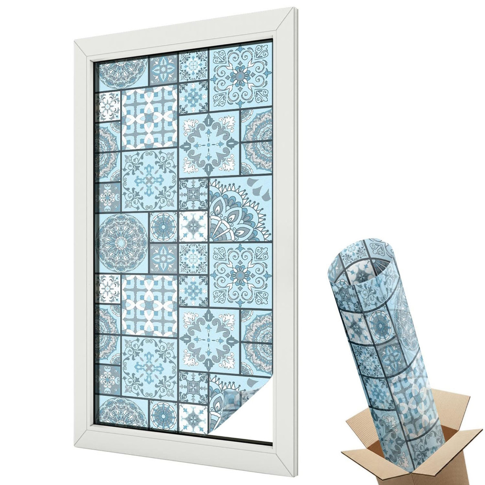 Mleczna folia na okno witraż Eleganckie niebieskie wzory kafelkowe