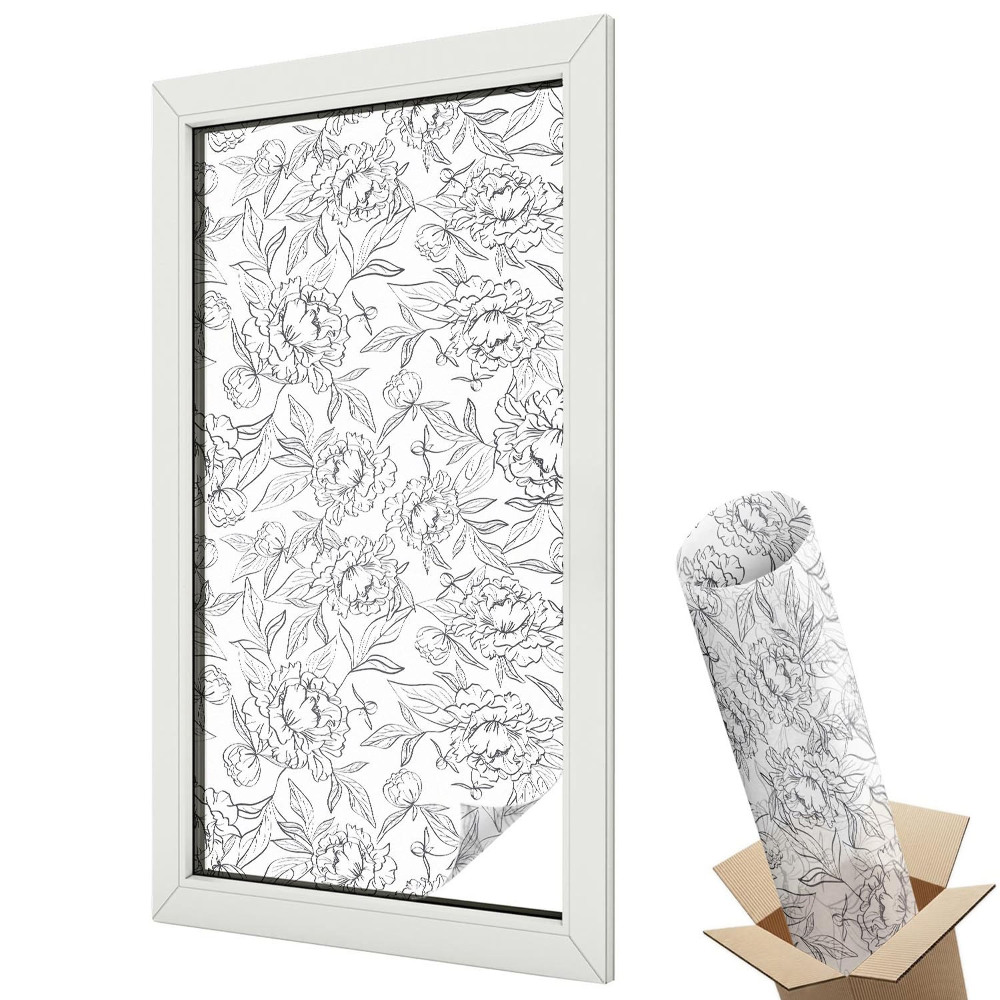 Mleczna folia na okno witraż Kwitnące peonie symetryczne liście