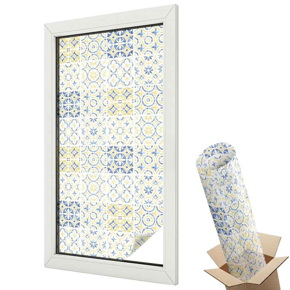 Mleczna folia na okno witraż Kafelkowy wzór środziemnomorski żółto-niebieski