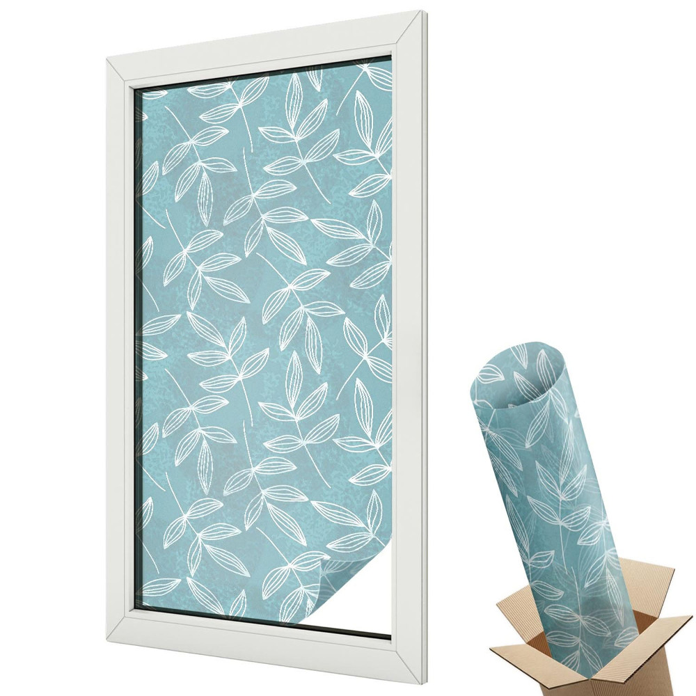 Mleczna folia na okno witraż Białe liście na niebieskim tle