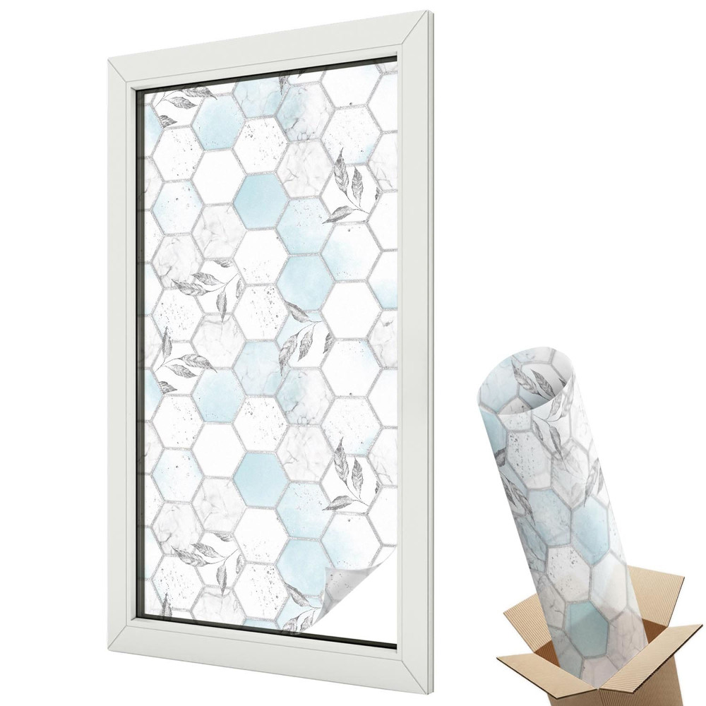 Mleczna folia na okno witraż Heksagonalne kafle liście marmur