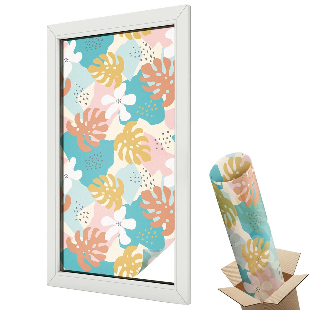 Witraż naklejka na okno Kolorowe liście i kwiaty w nowoczesnym stylu