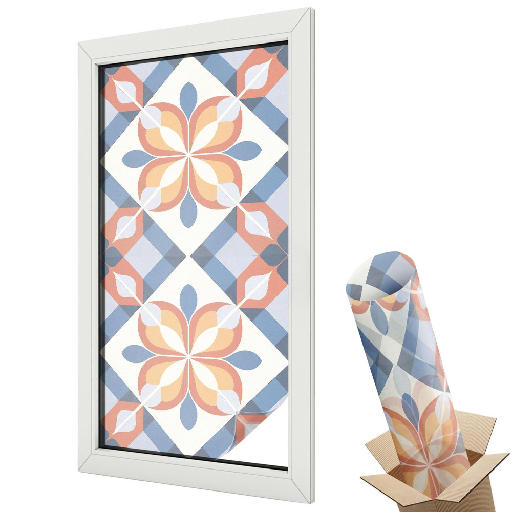 Witraż naklejka na okno Niebieskie koła białe kwadraty symetria