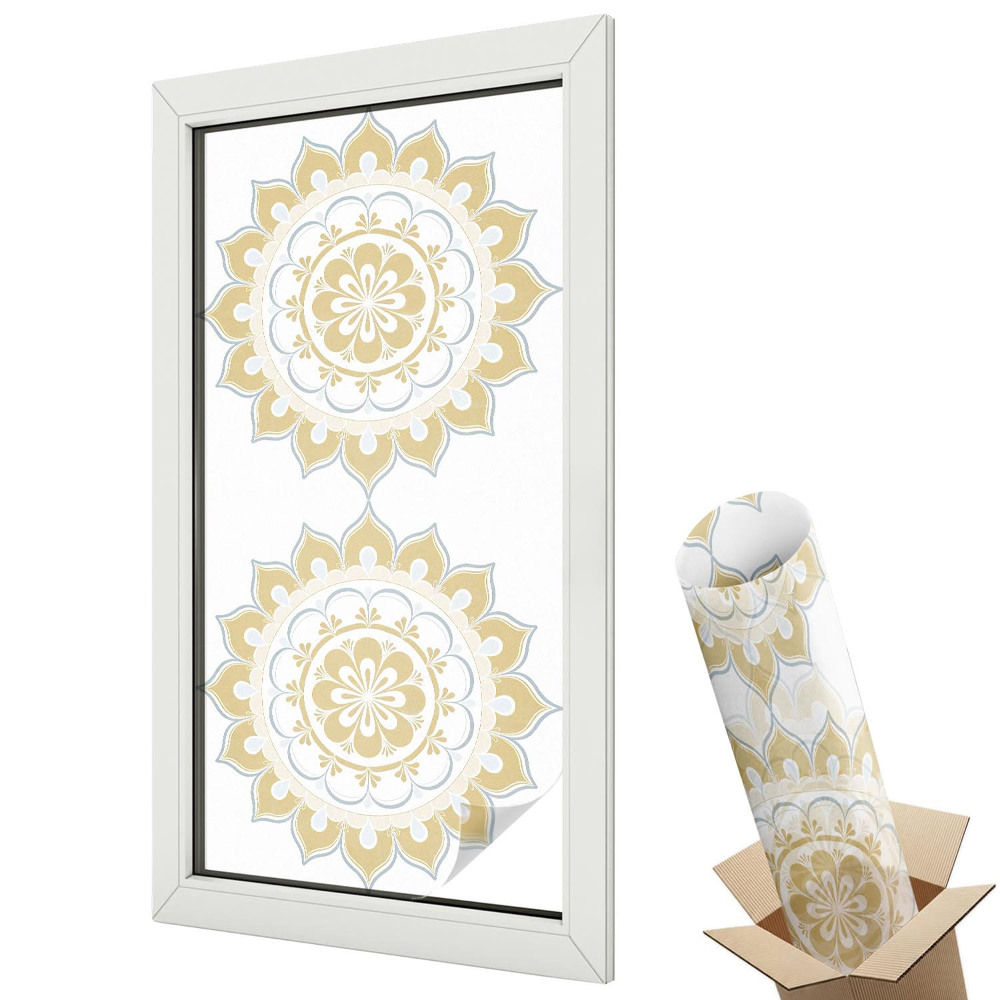 Mleczna folia na okno witraż Żółta mandala z florystycznymi detalami