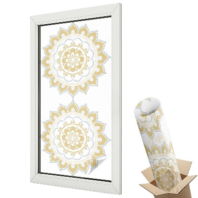 Mleczna folia na okno witraż Żółta mandala z florystycznymi detalami