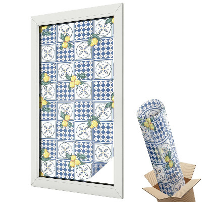 Witraż naklejka na okno Cytryny i niebieskie kafle