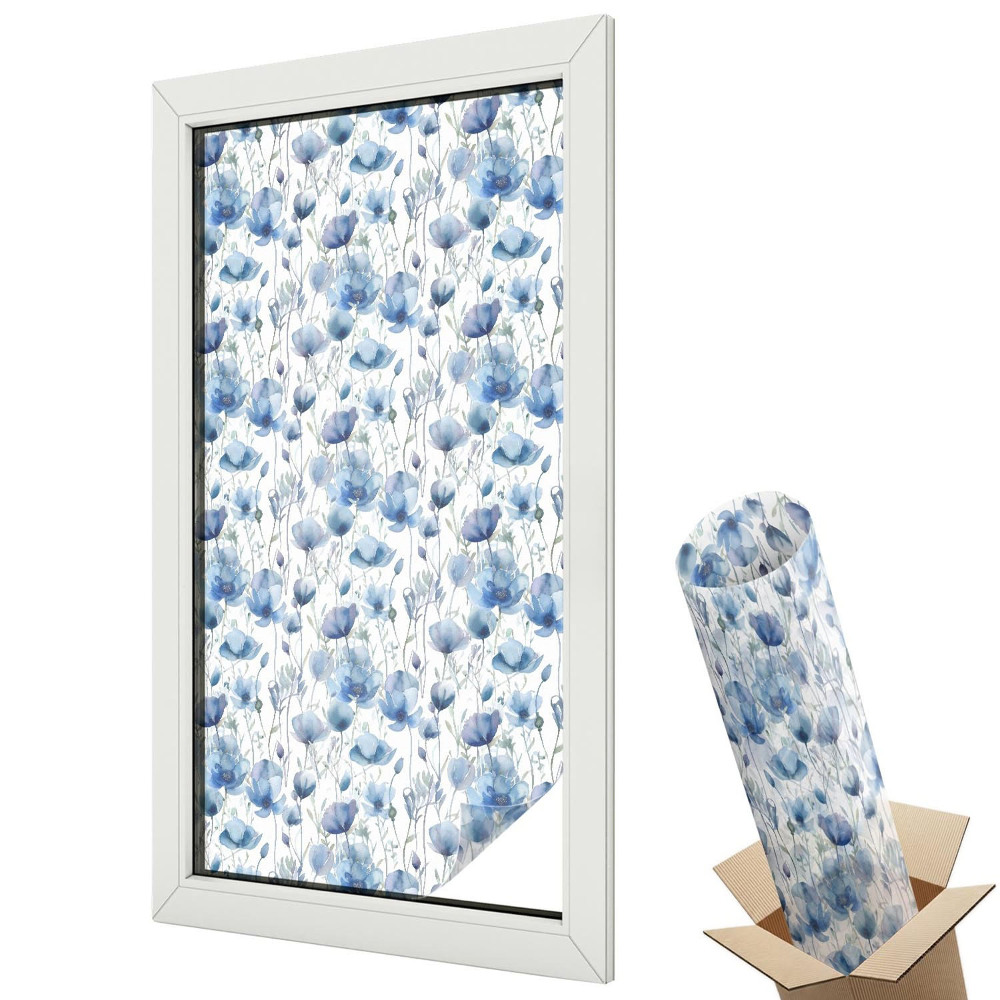 Mleczna folia na okno witraż Niebieski wzór kwiatowy