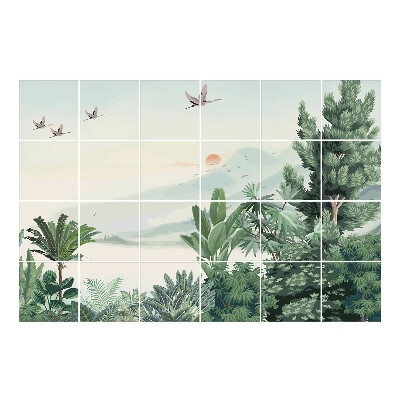 Naklejki na kafelki Tropikalny krajobraz z ptakami