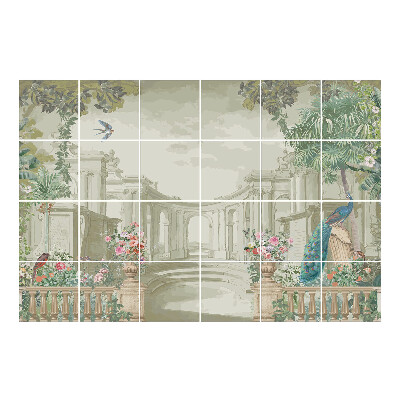 Naklejki na kafelki Tropikalny pejzaż z pawiem