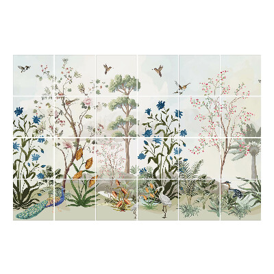 Naklejki na kafelki Kwiatowy pejzaż z ptakami