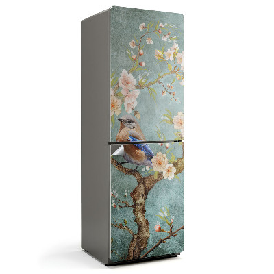 Naklejka na lodówkę Ptak na gałęzi z kwiatami