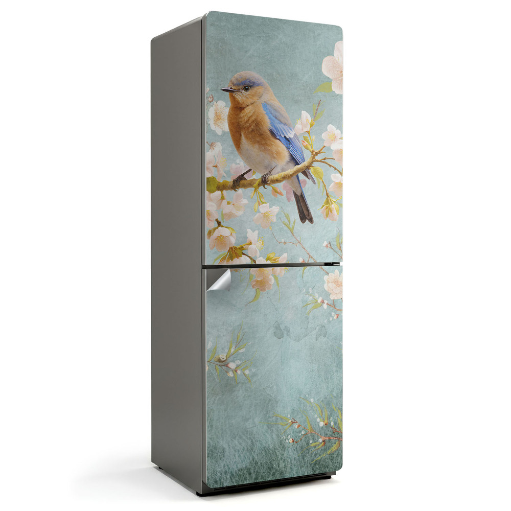 Okleina na lodówkę Ptak na gałęzi z kwiatami