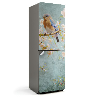 Okleina na lodówkę Ptak na gałęzi z kwiatami