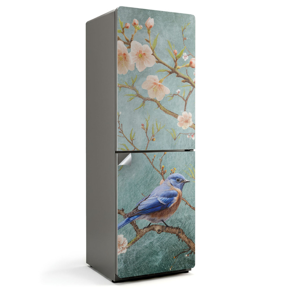 Naklejka na lodówkę Ptak na gałęzi z kwiatami