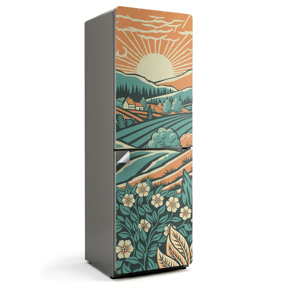 Nalepka na lodówkę Ilustracja łąki wschód słońca