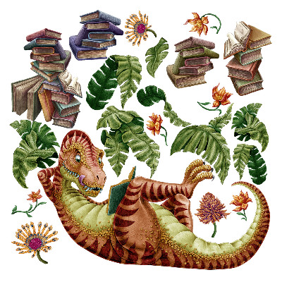 naklejki na ścianę dla dzieci 80x119 Rysunkowy dinozaur w liściach i kwiatach