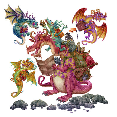 naklejki na ścianę dla dzieci 80x107 Rysunkowe smoki w kolorowej bajkowej scenerii