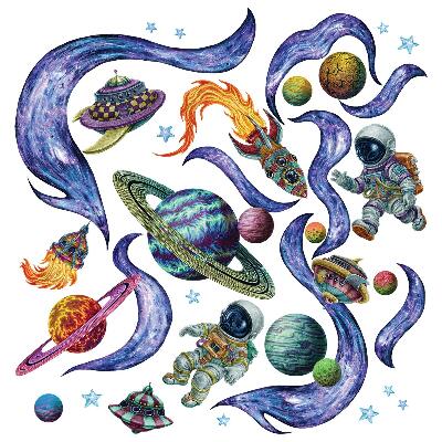 naklejki na ścianę dla dzieci 80x120 Astronauci i rakiety w galaktycznym rysunku