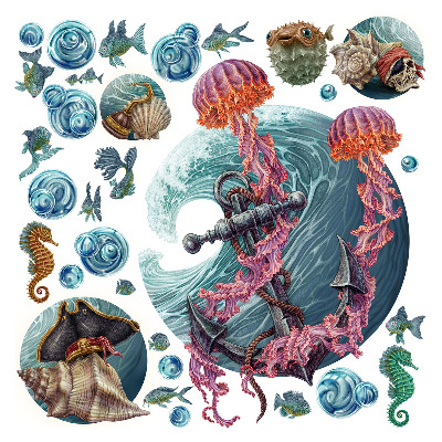 naklejki na ścianę dla dzieci 80x86 Rysunkowy świat meduz w podwodnej scenerii