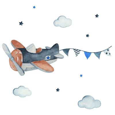 naklejki na ścianę dla dzieci 80x127 Samolot w pastelach na niebie akwarelowym