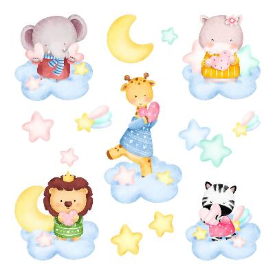 naklejki na ścianę dla dzieci 80x122 Zwierzęta w chmurkach na tle gwiazd akwarelowe pastel