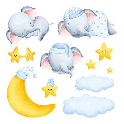 naklejki na ścianę dla dzieci 80x109 Urocze akwarelowe słoniki na niebie