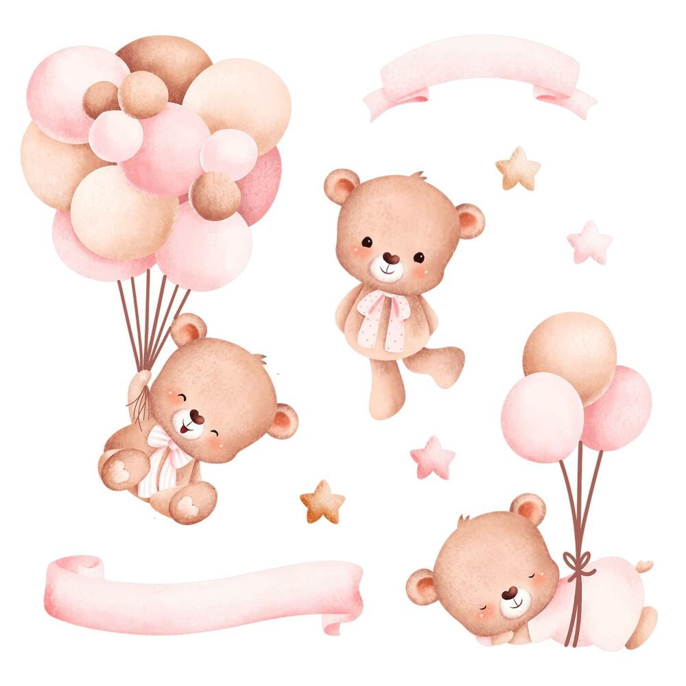 naklejki na ścianę dla dzieci 80x116 Pastelowe misie z balonami w akwarelowym stylu
