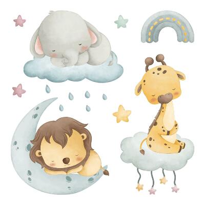 naklejki na ścianę dla dzieci 80x121 Pastelowe akwarelowe zwierzątka na tle nieba