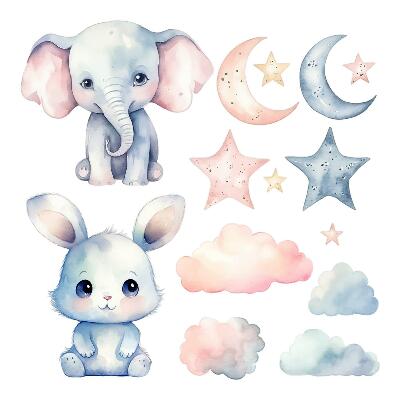 naklejki na ścianę dla dzieci 80x138 Akwarelowe zwierzaki w pastelowych barwach nocy