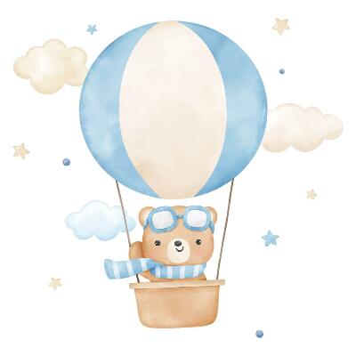 naklejki na ścianę dla dzieci 80x122 Słodki miś z balonem w chmurach pastelowa akwarela
