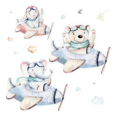 naklejki na ścianę dla dzieci 80x123 Akwarelowy miś słoń z chłopcem w samolotach