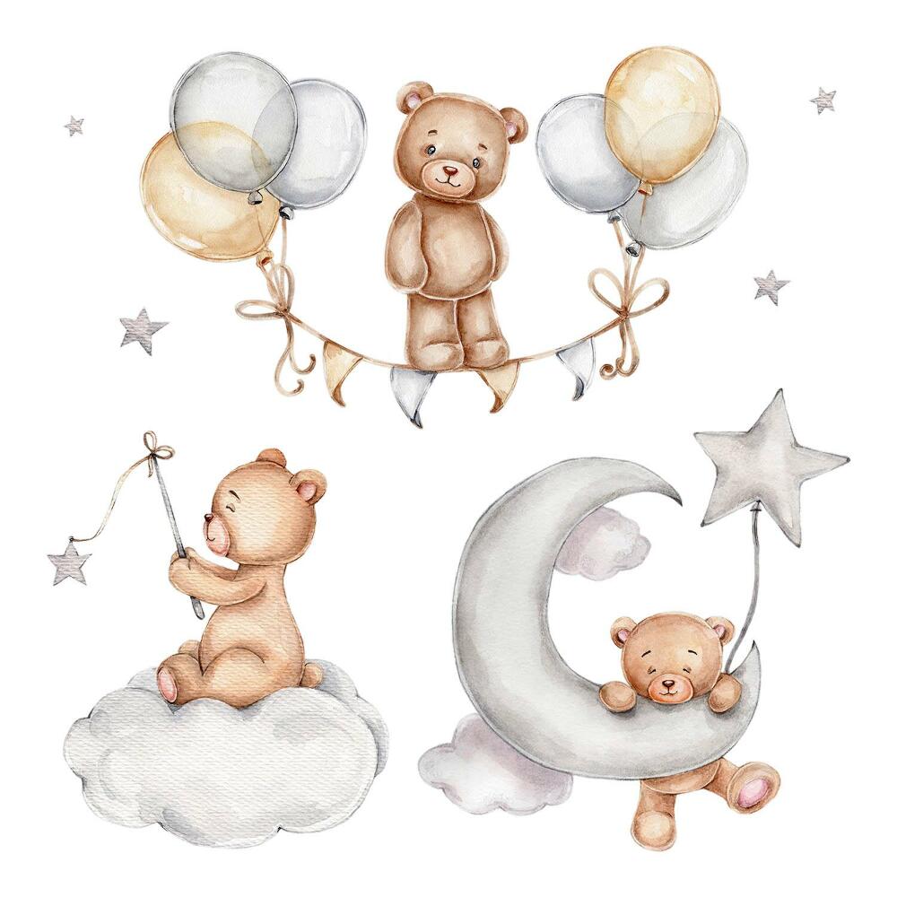 naklejki na ścianę dla dzieci 80x117 Misie i balony w pastelowej akwareli