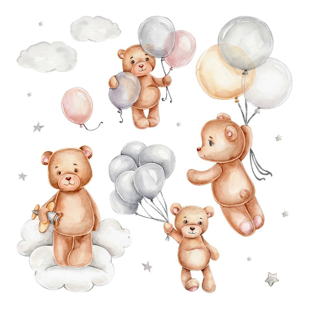 naklejki na ścianę dla dzieci 80x120 Pastelowe misie z balonami w chmurach