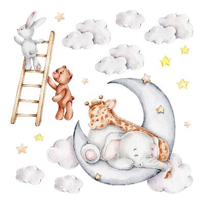 naklejki na ścianę dla dzieci 80x109 Księżycowe akwarele ze zwierzątkami i chmurami