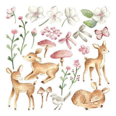 naklejki na ścianę dla dzieci 80x118 Małe sarenki w pastelowej akwarelowej scenerii