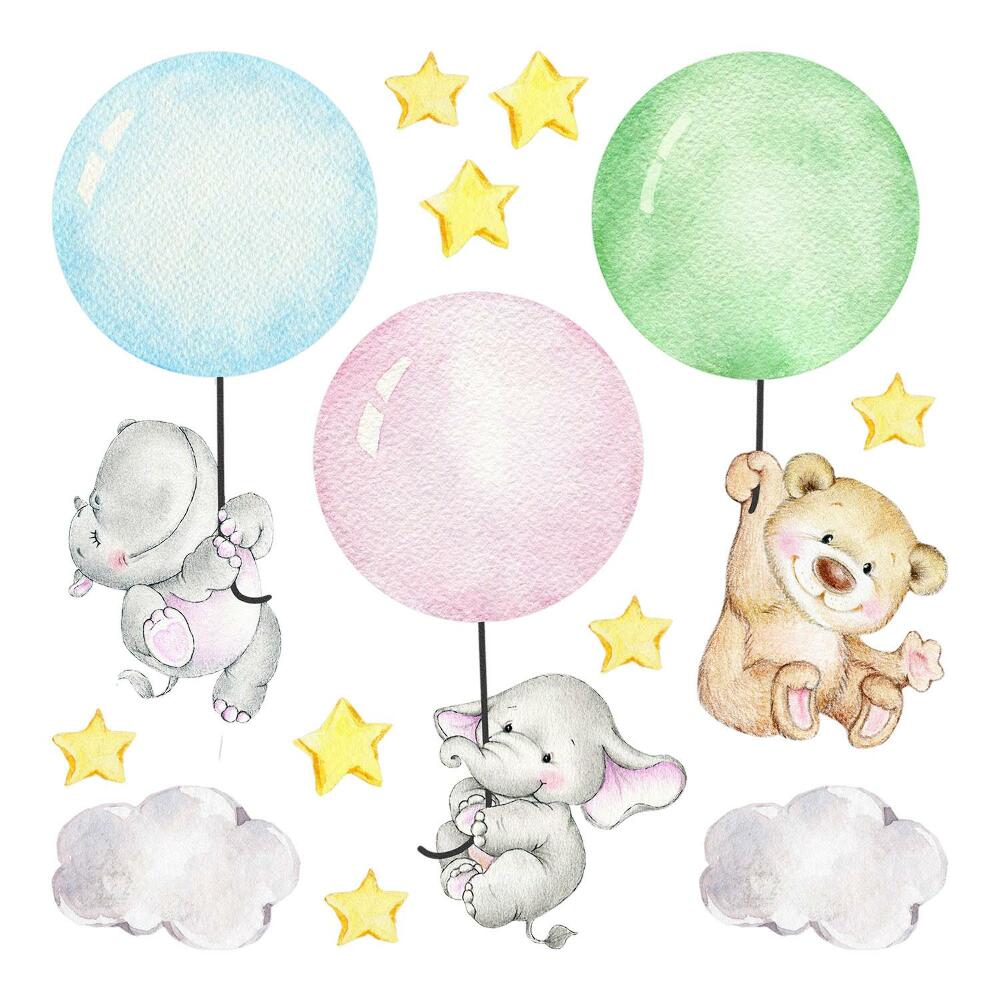 naklejki na ścianę dla dzieci 80x113 Pastelowe zwierzątka z balonami hipopotam miś