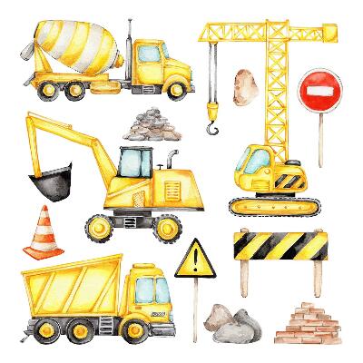naklejki na ścianę dla dzieci 80x108 Budowa - akwarelowe pojazdy i maszyny robocze