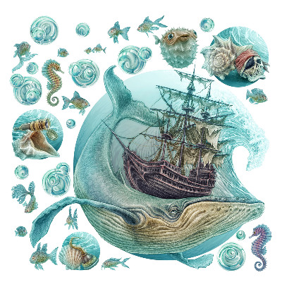 naklejki na ścianę dla dzieci 80x94 Morska opowieść z pastelowymi zwierzętami