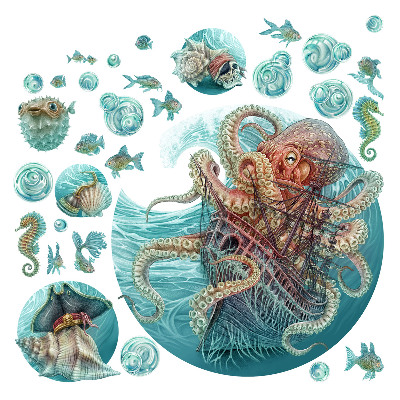 naklejki na ścianę dla dzieci 80x93 Podwodne królestwo ośmiornic w pastelowych barwach