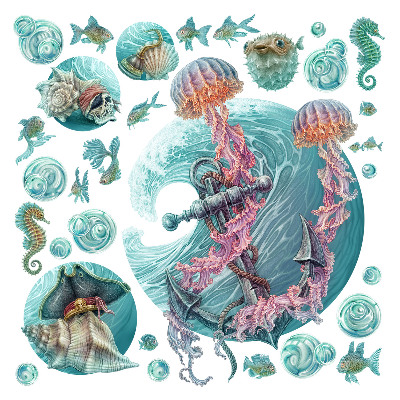 naklejki na ścianę dla dzieci 80x82 Rysunkowy świat morskich zwierząt w pastelach