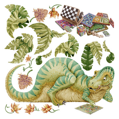 naklejki na ścianę dla dzieci 80x103 Rysunkowy motyw dinozaura z roślinnością pastelową