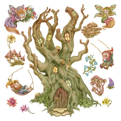 naklejki na ścianę dla dzieci 80x129 Krasnoludki i wróżki w pastelowym lesie