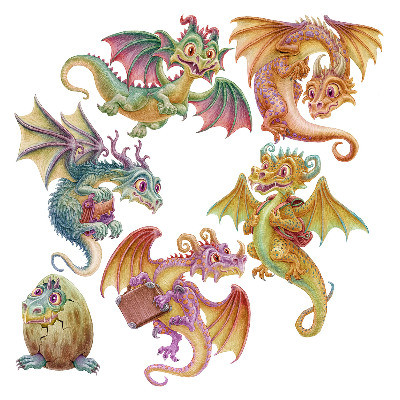 naklejki na ścianę dla dzieci 80x68 Rysunkowe smoki w pastelowych odcieniach