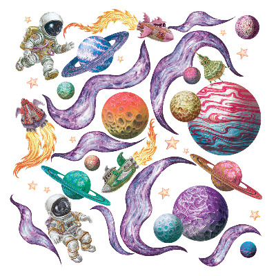 naklejki na ścianę dla dzieci 80x123 Rysunkowy wszechświat rakiet i astronautów w kolorze