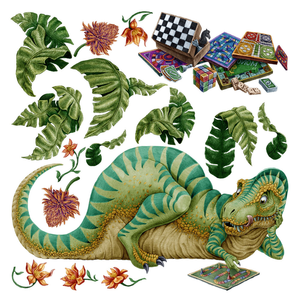 Naklejka na ścianę 60x76 Rysunkowy motyw dinozaura z roślinnymi akcentami